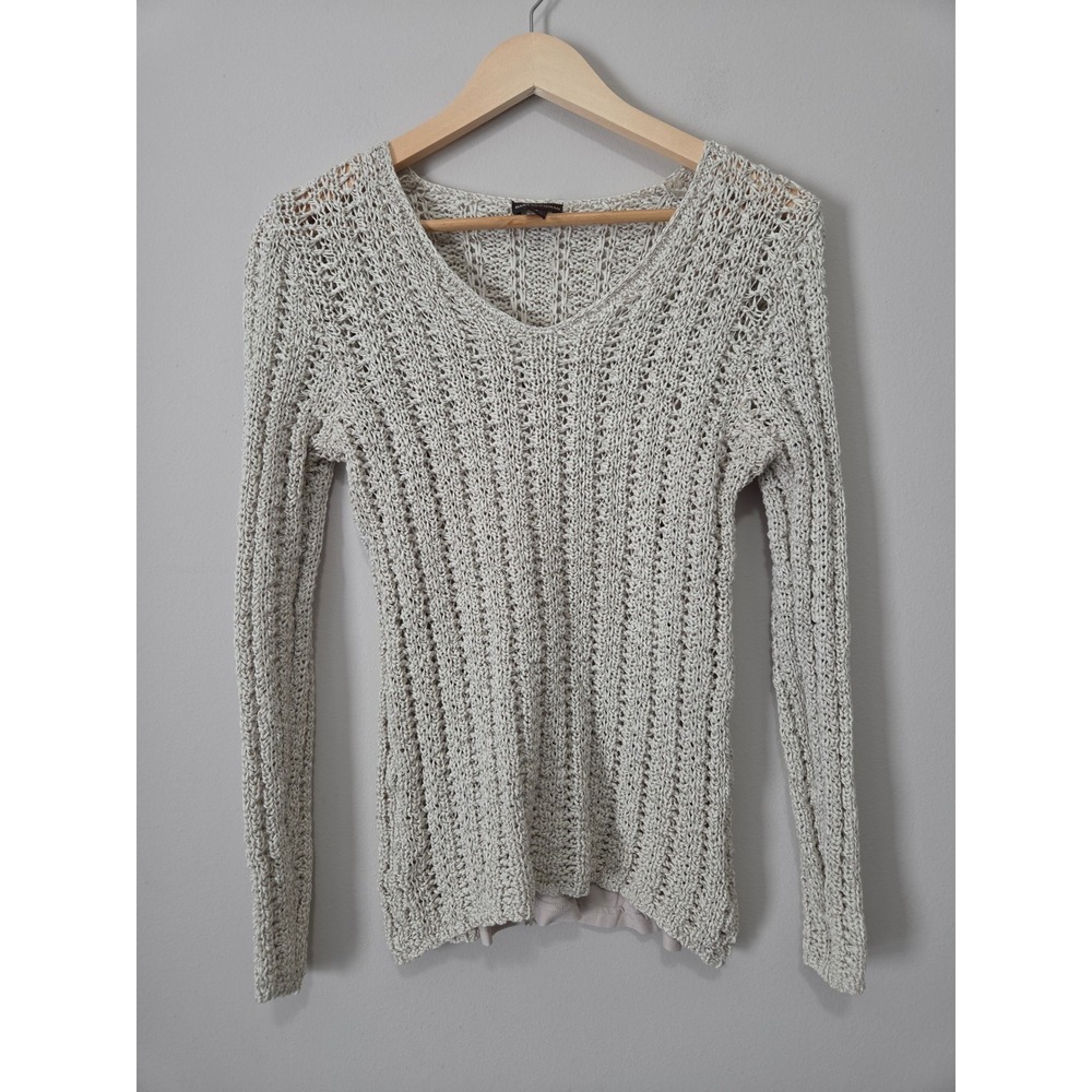Dana‎ Buchman Womens Beige Open Knit Crochet V-Neck Lined Sweater Size Small